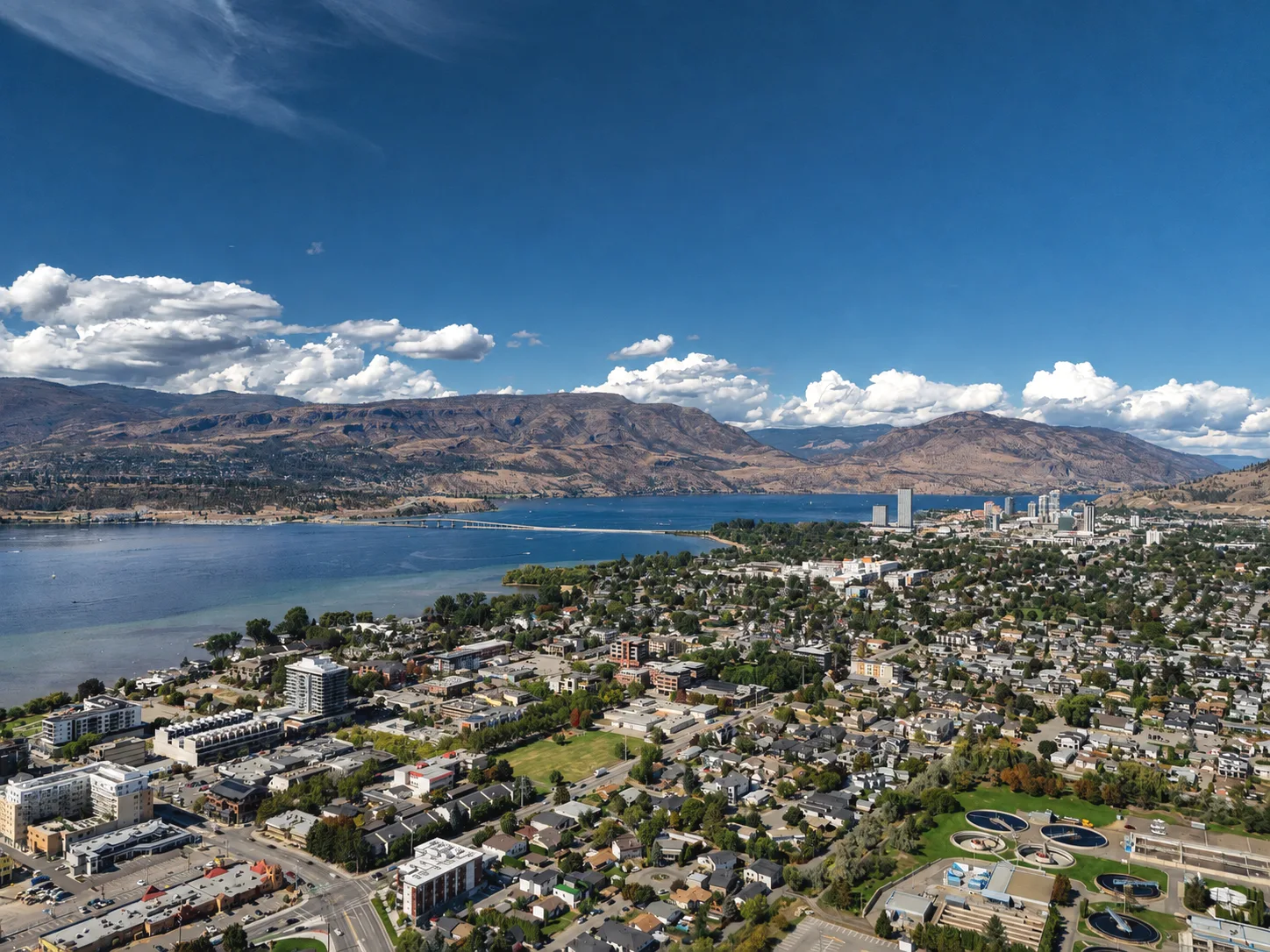 Aerial view of Kelowna South and the Pandosy waterfront with downtown Kelowna and Okanagan Lake beyond, British Columbia