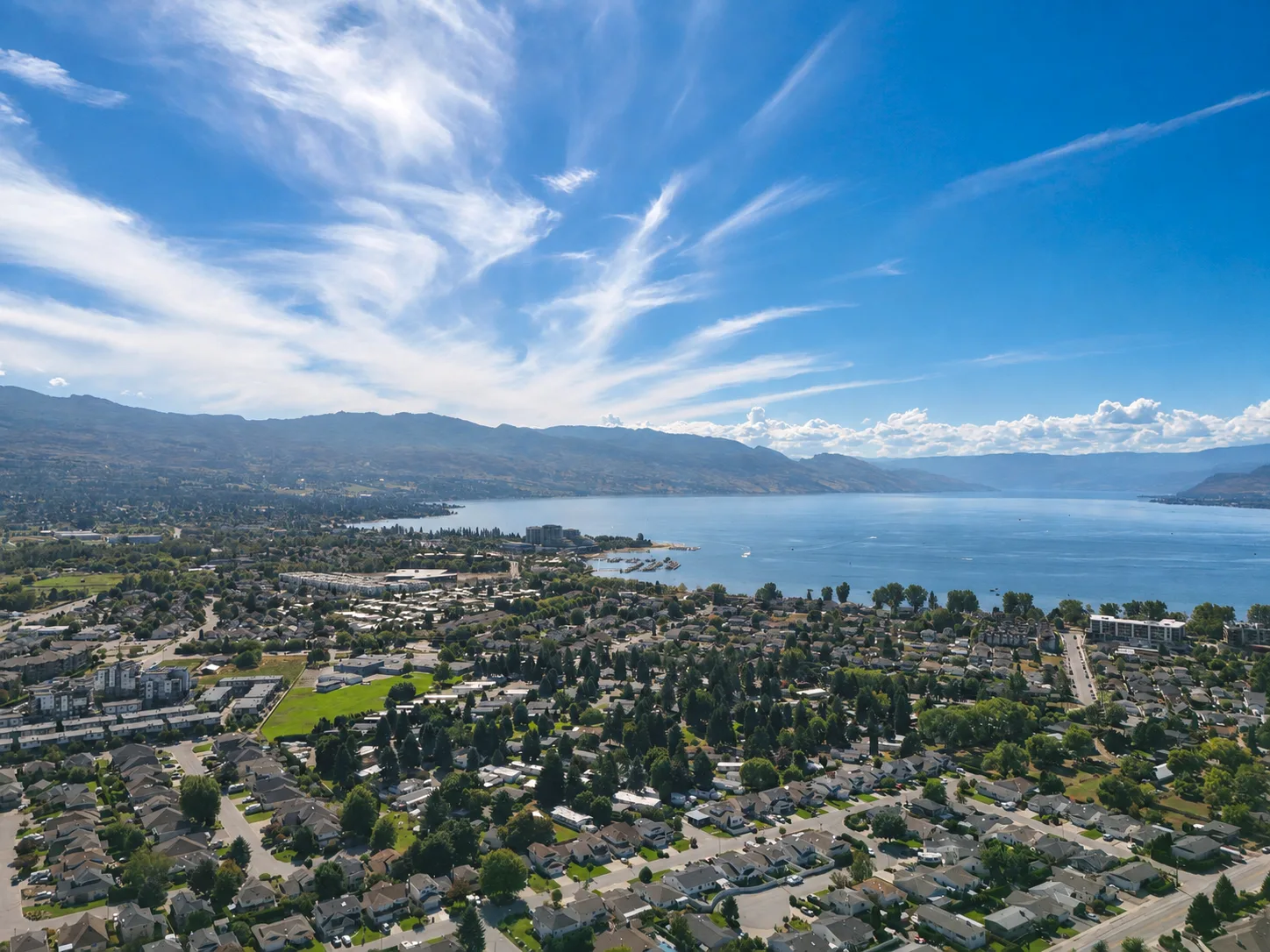 Aerial view of the Lower Mission neighbourhood along Okanagan Lake in Kelowna, British Columbia