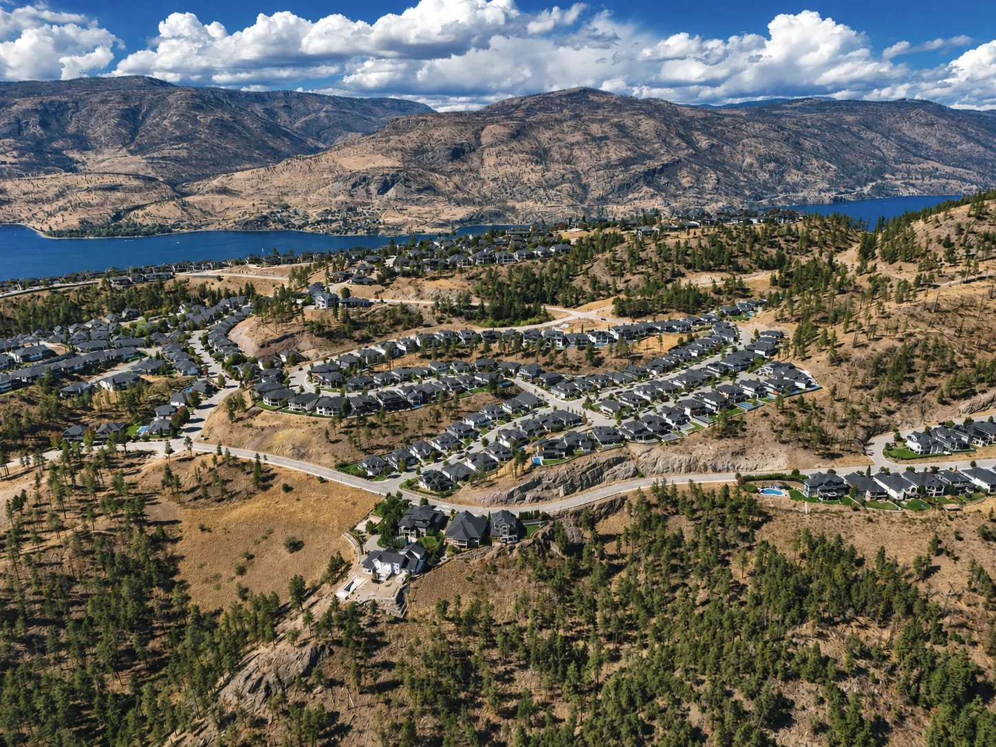 Aerial view of the Wilden hillside community above Okanagan Lake in Kelowna, British Columbia